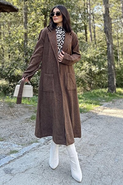 NEW LAVİVA Damă, maro, cu buzunar dublu, centură, fără nasturi, haină lungă cu ștampilă