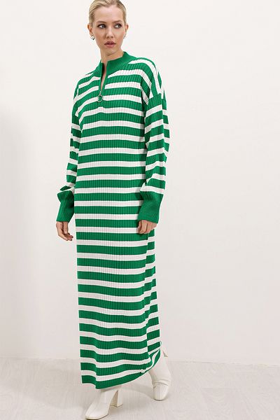 Merterium Women's Long Zippered Knitwear Dress C.Green 1139