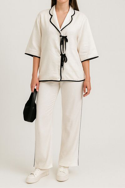 My Blog Natural - Black Piping Blouse Trousers Set - 9001