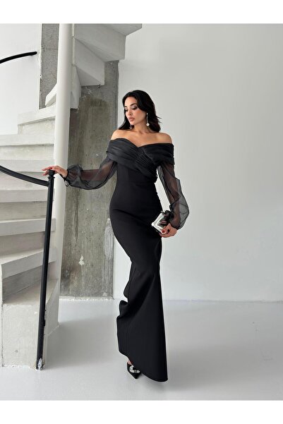 Serica Moda Βραδινό φόρεμα με μαύρο σιφόν μανίκι με λεπτομέρεια off the shoulder