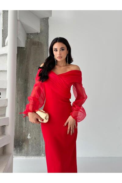 Serica Moda Red Chiffon Sleeve Detail Off Shoulder Mermaid Evening Dress