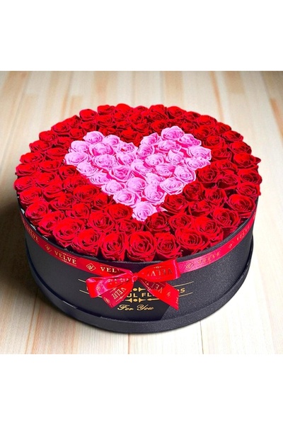 velve Aranjament floral Premium, in cutie rotunda, Luxury, cu 101 trandafiri ...