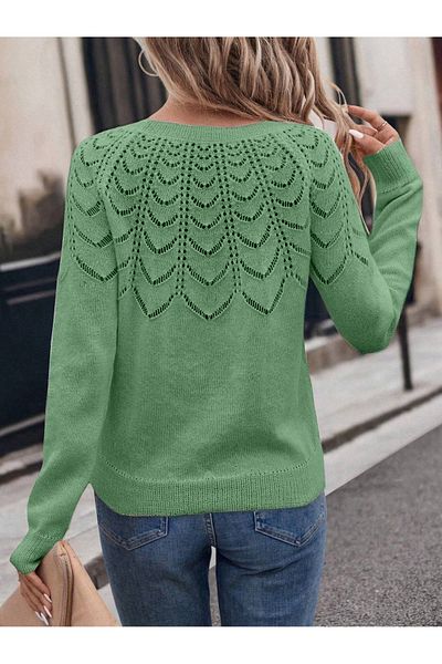 AQE FASHION Women's Openwork Patterned Crew Neck Casual Long Sleeve Knitwear Sweater Mint