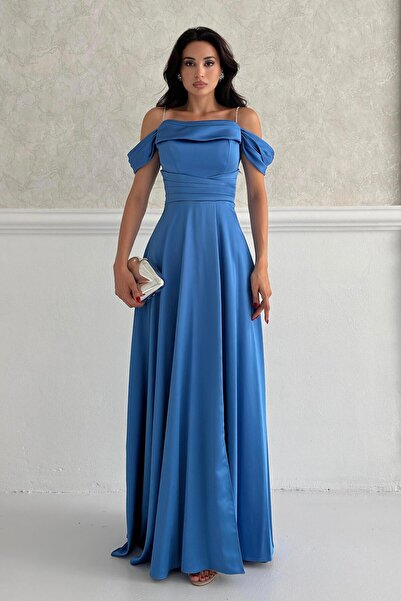 Serica Moda Rochie de seară din satin cu mâneci joase și bretele albastre