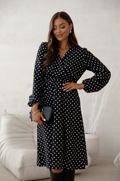 UniqueStore.ro Black dress with white polka dots, wrap neckline and side slit