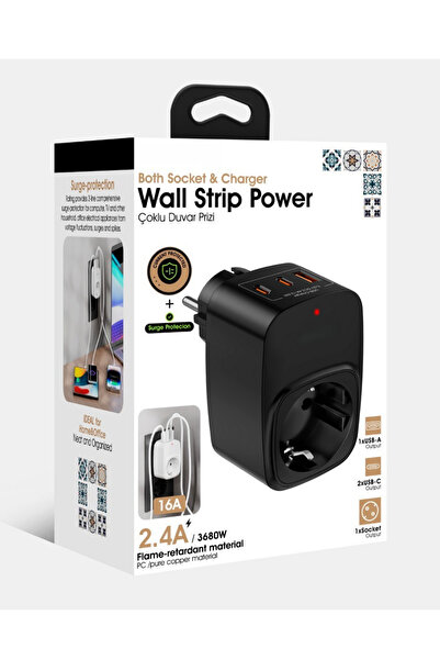 asua Çoklu Yüksek Voltaj Korumalı Duvar Prizi 2X Type-C 1X USB Çıkışlı Priz Grup Priz Çoğaltıcı