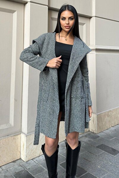 NEW LAVİVA Black Houndstooth Print, Double Breasted Neckline, Hooded, Belted Long Stamp Coat (No Lining)