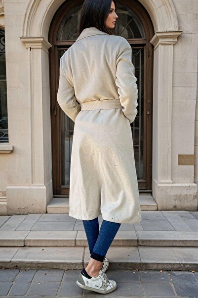 NEW LAVİVA Ecru, Shawl Collar, Pockets, Belt Detail, Unlined, Long Coat