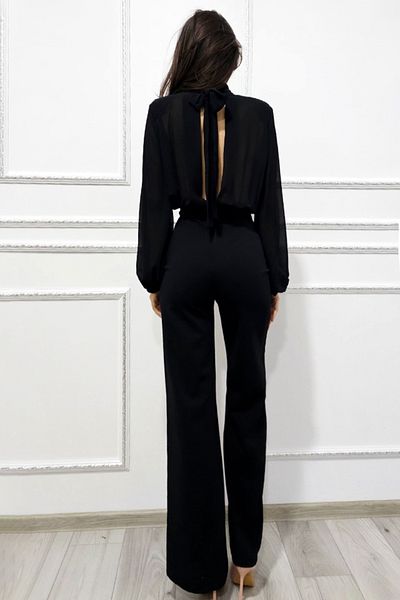 FashionForYou Tabitha elegant evening jumpsuit, with scarf collar and cut-out back, Black, Size S/M