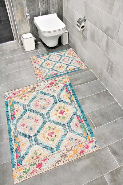 Bordo Halı Water Resistant Digital Printed Bath Mat Set with Non-Slip Base |   Burgundy Carpet 1535