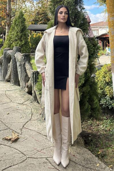 NEW LAVİVA Ecru Pocket, Balloon Sleeve, Belt, Thick Knit Knitwear, Long Coat