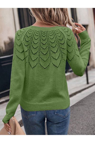 AQE FASHION Women's Openwork Patterned Crew Neck Casual Long Sleeve Knitwear Sweater Pistachio Green