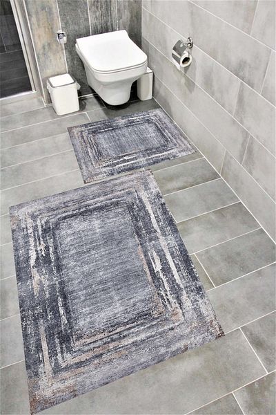 Bordo Halı Water Resistant Digital Printed Bath Mat Set with Non-Slip Base |   Burgundy Carpet 1643