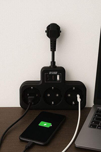 MATECHNO Çoklu Kablolu Priz Yüksek Gerilim Korumalı 3'LÜ Priz 1X USB 2X Type-C Çıkışlı Grup Priz Çoğaltıcı