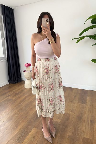 BİRCANÇİL Misa Ecru Pink Floral Lined Pleated Midi Skirt