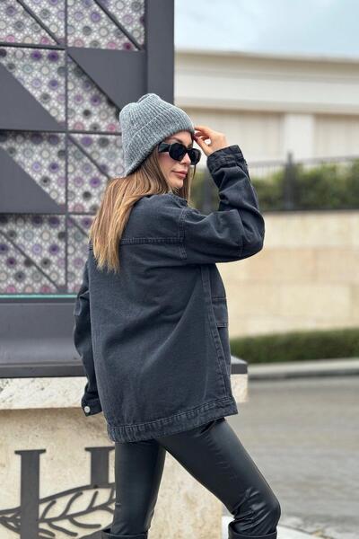 NEW LAVİVA Дамско черно яке с широк джоб, качествен дънков плат, ежедневен деним