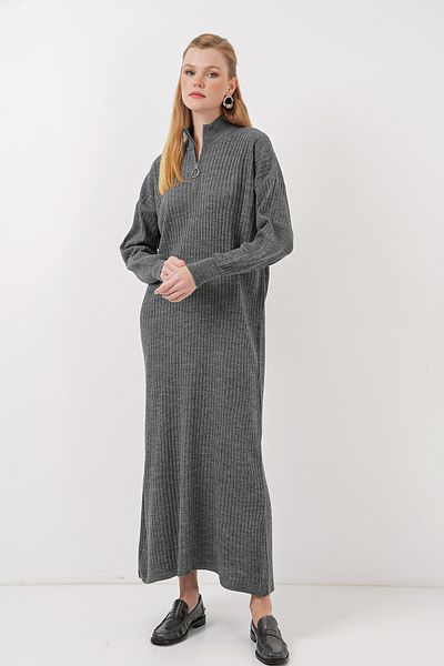 Merterium Women's Long Zippered Knitwear Dress Anthracite 1139