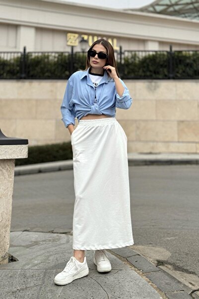 NEW LAVİVA Femei Ecru cu talie elastică, potrivire confortabilă, fustă lungă cu buzunare