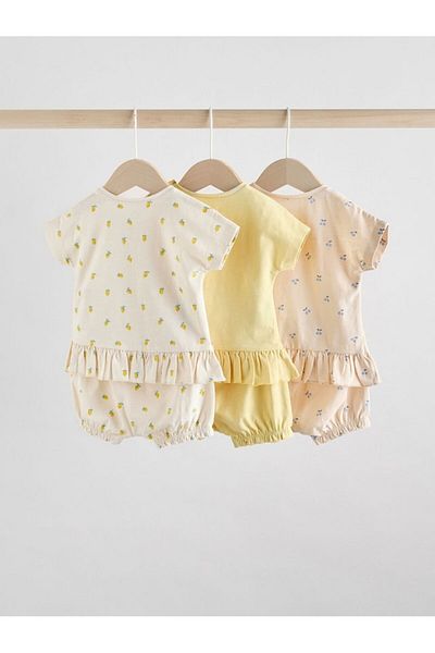 Next Baby Cotton Yellow/White Fruit Pattern Short Sleeve 3Pcs Bottom Top Set