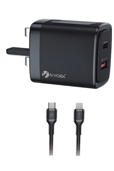 NYORK شاحن بقوة 38 وات بمنفذ تايب سي ومنفذ USB يدعم الشحن السريع بتقنية GaN مع كابل شحن تايب سي آيفون أسود