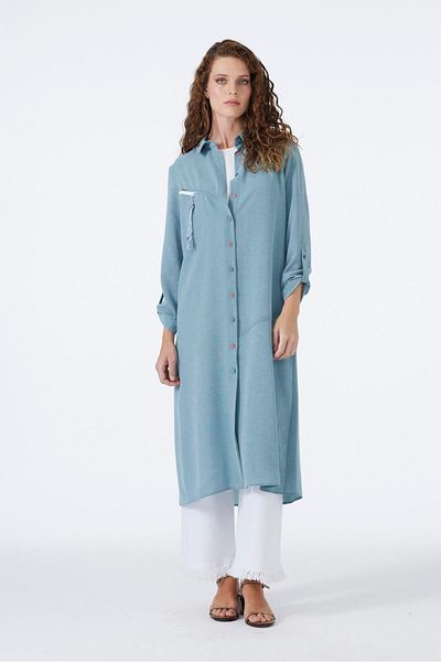 Zühre Shirt Collar Zipper Detailed Aqua Wear Out Gç-0026