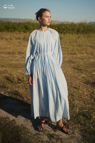 Hooopstore Ribbed Cotton Voile Baby Blue Dress