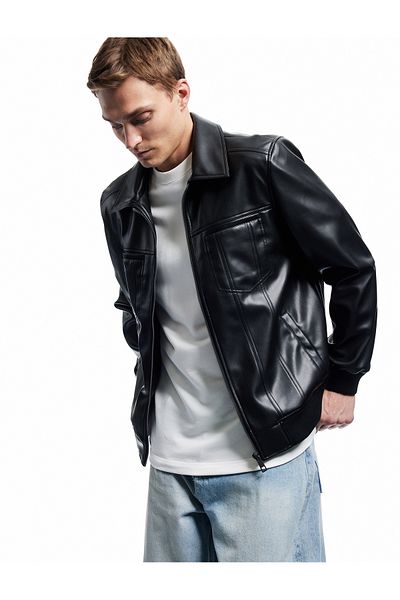 Koton Slim Fit Shirt Collar Zipper Pocket Detailed Faux Leather Jacket