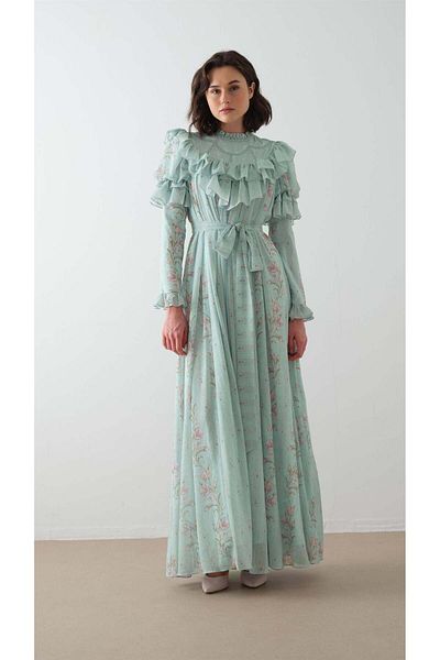 miha Hicran Önal Front Robes and Sleeves Puffy Dress Blue