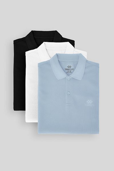TOMMY LIFE Standard Fit Basic Polo Neck 3 Pack Black-White-Ice Blue Men's T-Shirt 87748