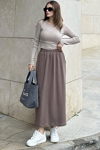 NEW LAVİVA Γυναικεία καφέ ελαστική μέση, άνετη εφαρμογή, μακριά φούστα με τσέπες