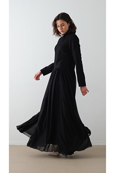 miha Hicran Önal BALIKÇI YAKA KREP ŞİFON ELBİSE Siyah