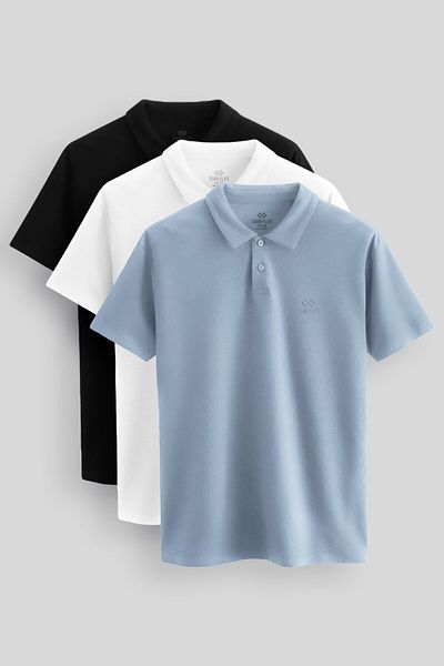 TOMMY LIFE Standard Fit Basic Polo Neck 3 Pack Black-White-Ice Blue Men's T-Shirt 87748