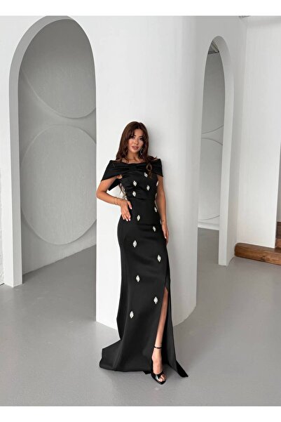 Monchoix Kadın Taş Detaylı Madonna Yaka Abiye Elbise & Nişan Elbisesi & Davet Elbisesi & Düğün Elbisesi