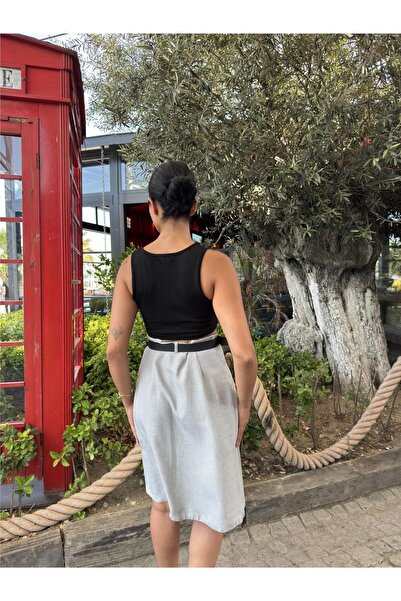 WeShaya Gray Pleated Skirt Belted Skirt