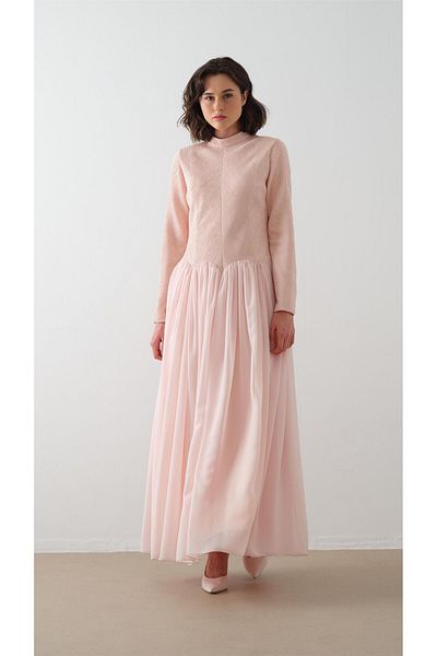 miha Hicran Önal Fisherman Collar Crepe Chiffon Dress Powder