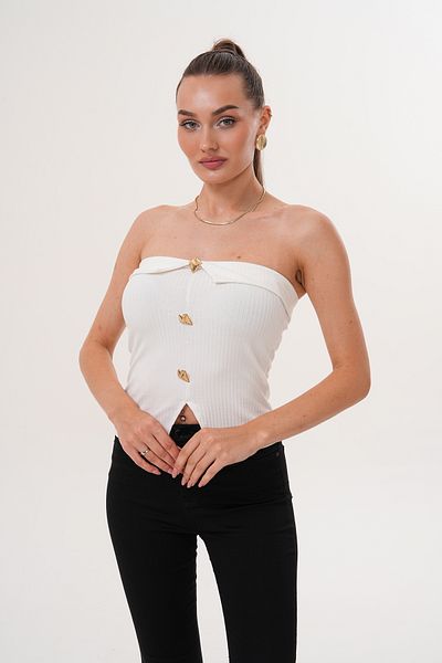 Shine Fine Strapless White Women's Bustier with Gold Button Detail