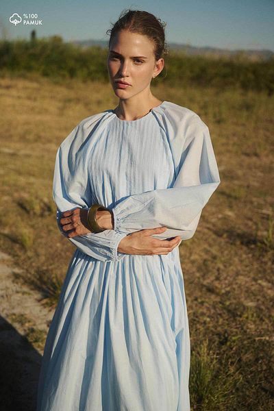 Hooopstore Ribbed Cotton Voile Baby Blue Dress