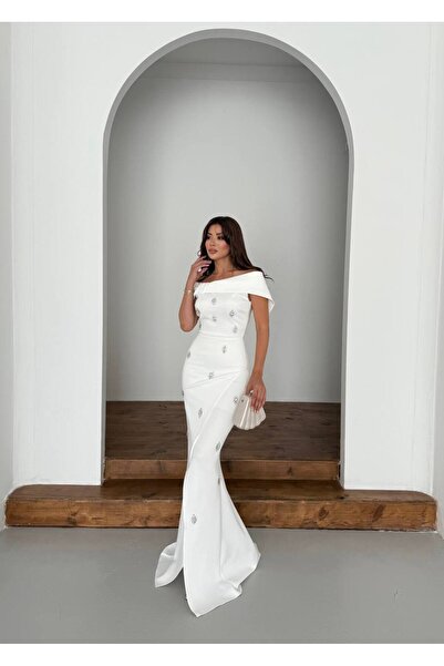 Monchoix Kadın Taş Detaylı Madonna Yaka Abiye Elbise & Nişan Elbisesi & Davet Elbisesi & Düğün Elbisesi