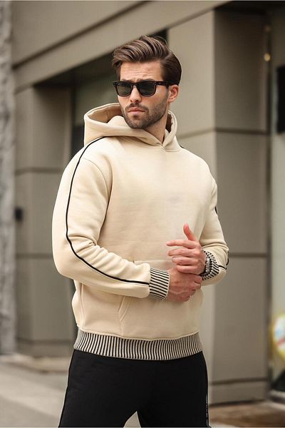 Madmext Beige Hooded Kangaroo Pocket Men's Sweatshirt E7163