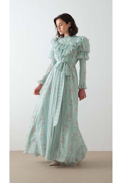 miha Hicran Önal Front Robes and Sleeves Puffy Dress Blue