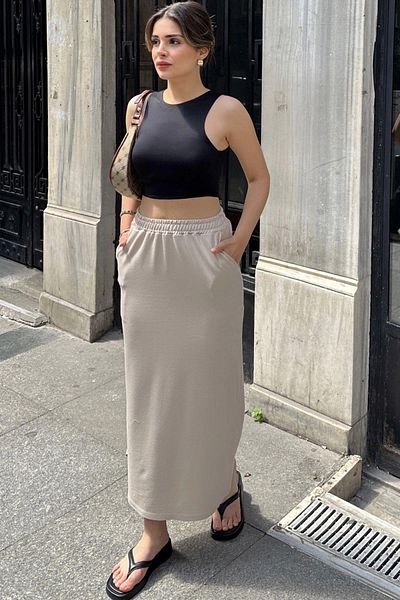 NEW LAVİVA Beige Women's Skirt - Elastic Waist, Comfortable Fit, with Pockets