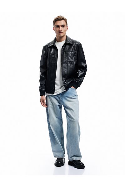 Koton Slim Fit Shirt Collar Zipper Pocket Detailed Faux Leather Jacket