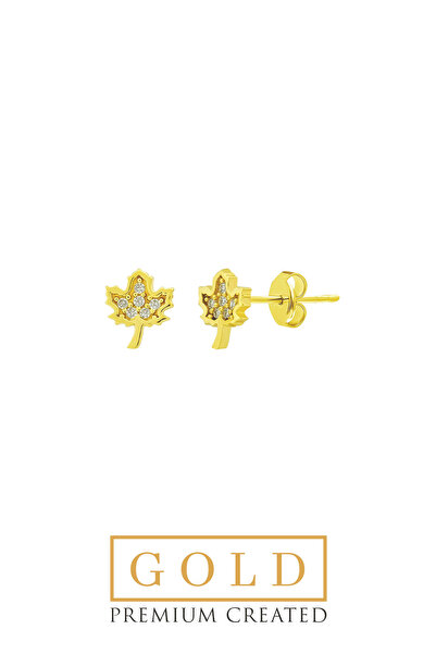 So CHIC... 14 Ayar Sarı Altın Sertifikalı Premium Created Taşlı Minimal Çınar Yaprağı Küpe
