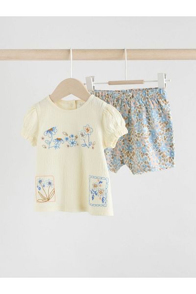Next Baby Cotton Ecru Floral Pattern Short Sleeve Bottom Top Set