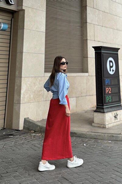NEW LAVİVA Women's Red Elastic Waist, Comfortable Fit, Long Skirt with Pockets
