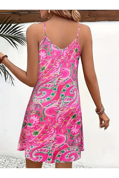 JANES Women's Patterned Short Single Jersey Mini Dress with Rope Strap and V Neck