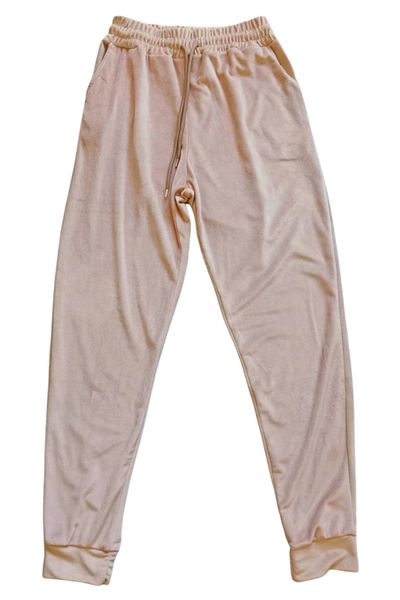 PRATİKOBA Shiny Velvet Pocket Trousers Tracksuit Pajama Bottom Unisex Elastic Leg Beige