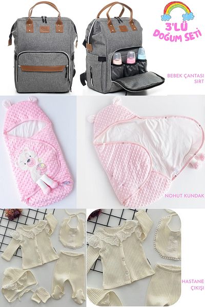 Allmart 3-Piece Birth Set (Snap Fastener Chickpea Swaddle, Functional Baby Care Bag and 100% Cotton Hospital Release)