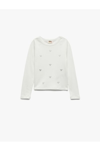 Koton Bow Stone Detailed Long Sleeve Crew Neck Cotton T-Shirt