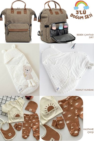 Allmart 3-Piece Birth Set (Snap Fastener Chickpea Swaddle, Functional Baby Care Bag and 100% Cotton Hospital Release)